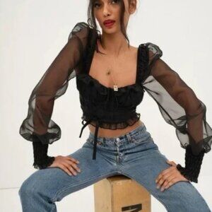 NWT For Love & Lemons Gabrielle Top Puff Sleeve Black Sheer Blouse S $140